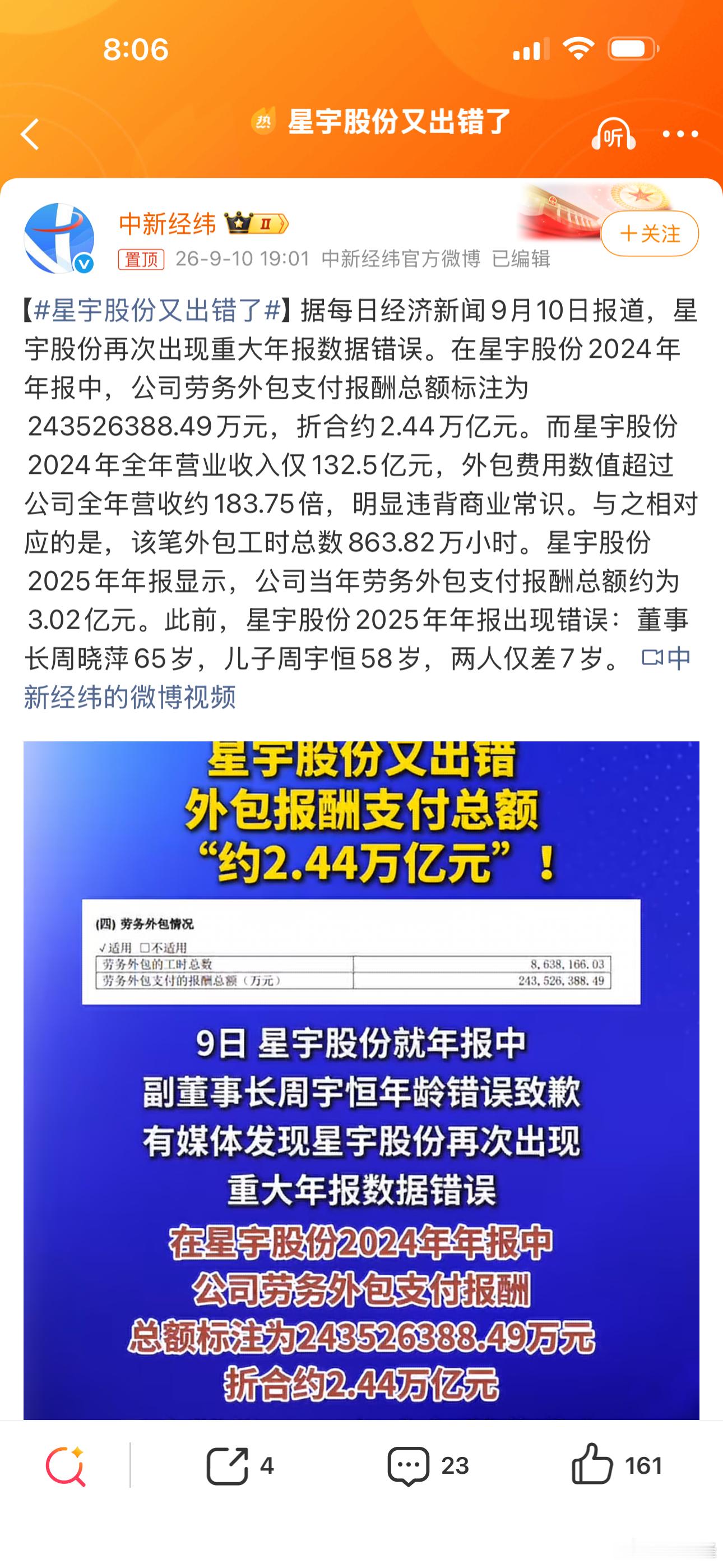 是不是有什么后台？……[doge]→_→【#星宇股份又出错了#】据每日经济新闻9月10日报道，星宇股