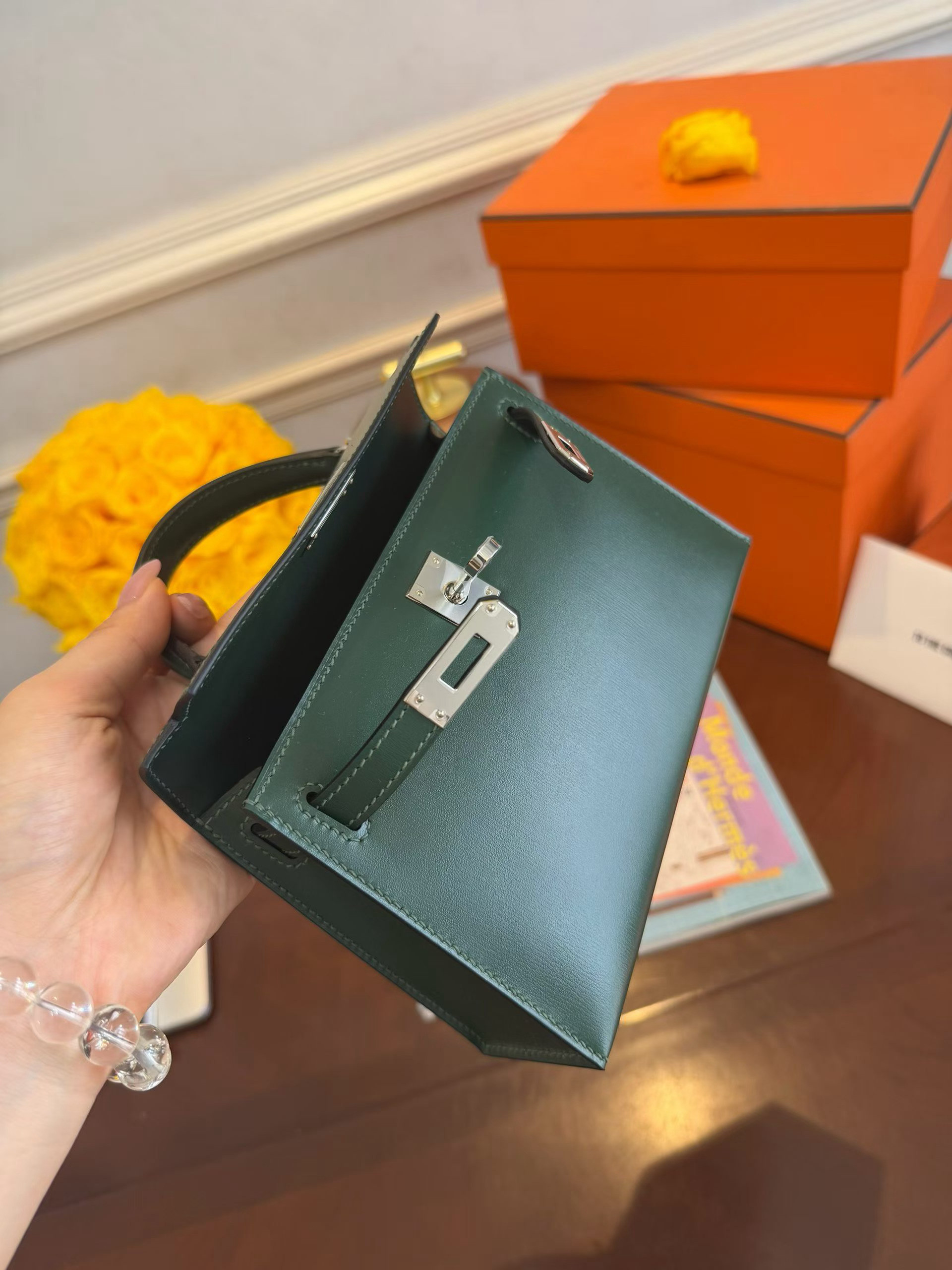 MiniKelly二代box皮祖母绿银扣爱马仕hermes