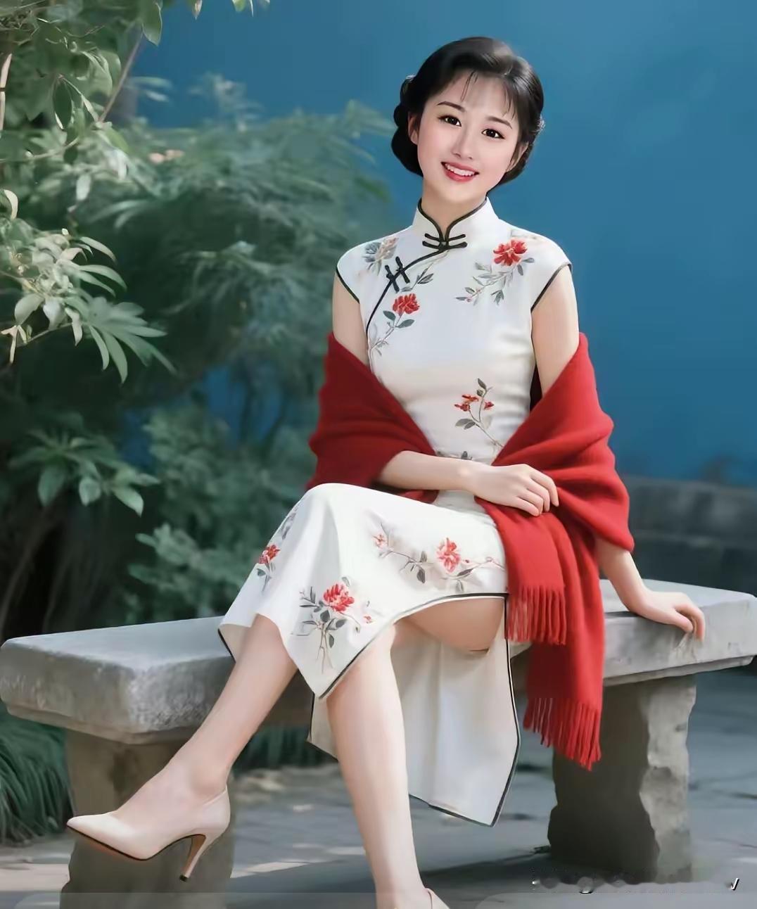 优雅的旗袍美人，红白相间，古典韵味十足