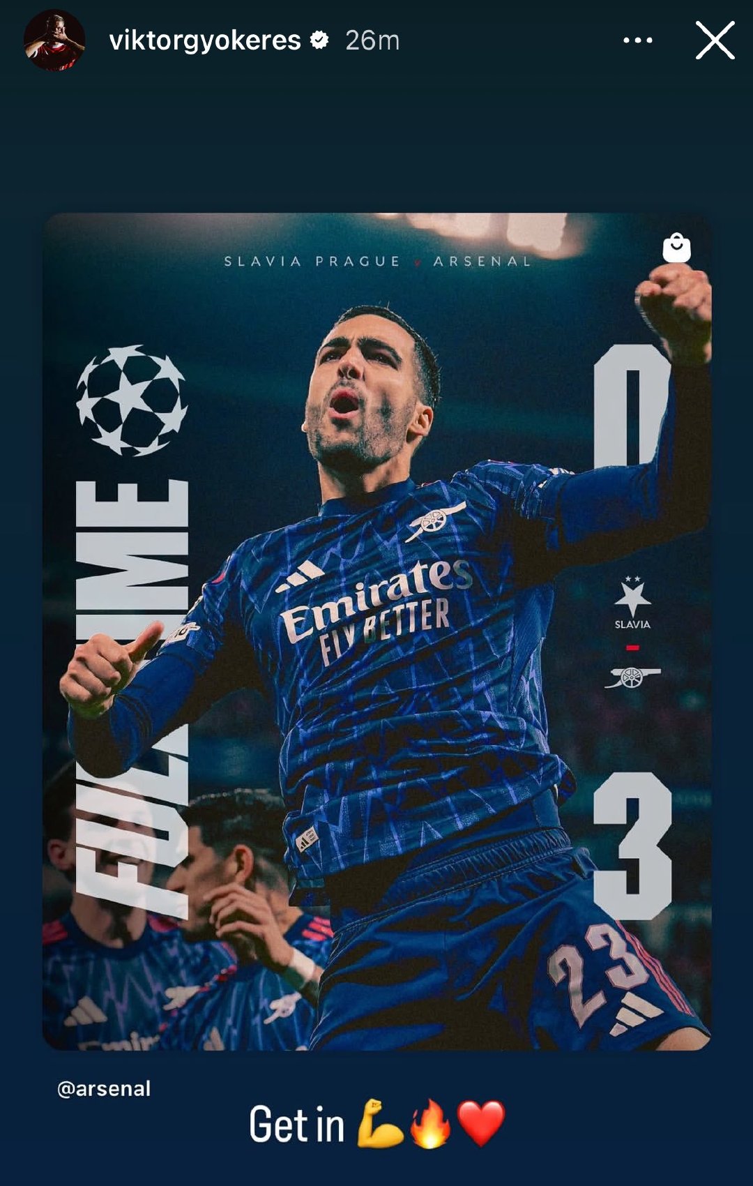 约克雷斯赛后ins动态：Getin💪🔥❤️布拉格斯拉维亚vs阿森纳欧冠