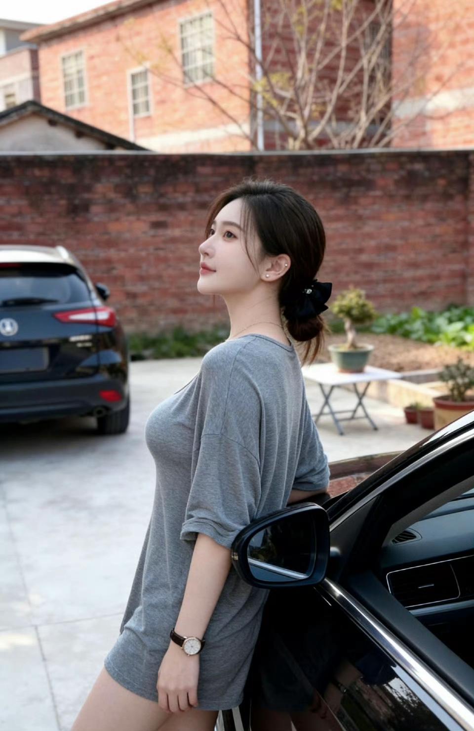 红妆倚车立，风姿动人间。