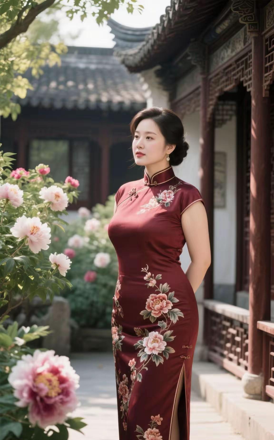 《牡丹旗袍秀》在岁月的回廊，光影交错，牡丹绽放在旗袍的脉络。那一抹深红，如