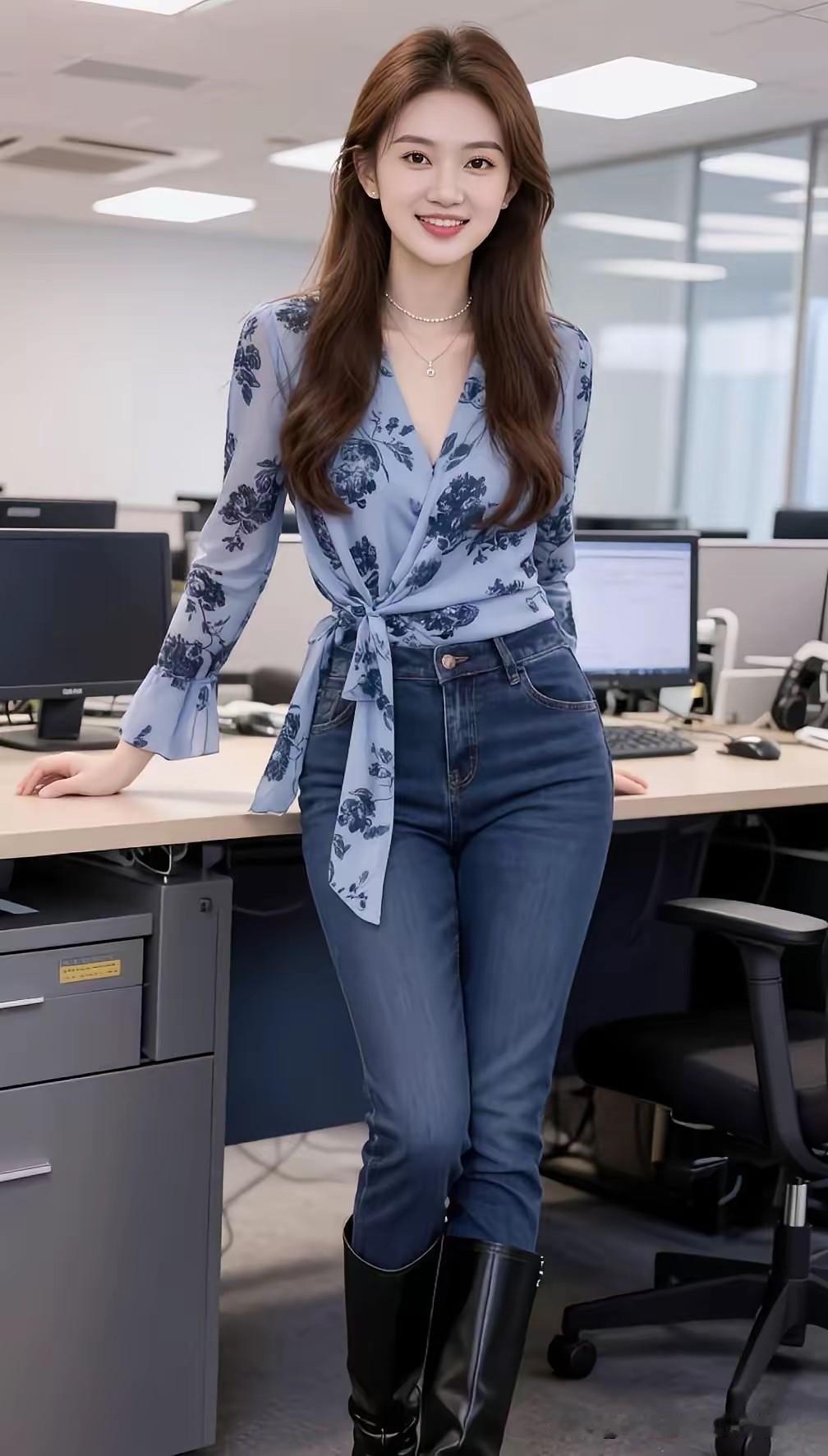 日常通勤舒服耐看的轻职场穿搭，雾霾蓝印花收腰上衣温柔显气质，搭修身牛仔裤+黑长靴