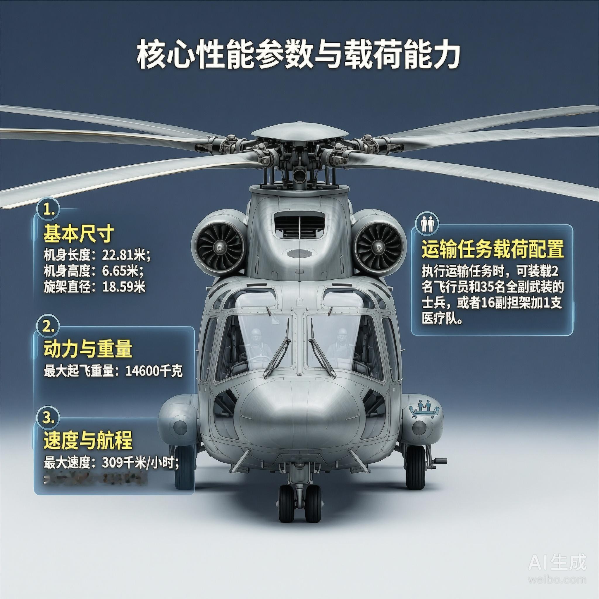 军事ai新视野欧洲EH101“灰背隼”直升机机身长度：22.81米机身高度：
