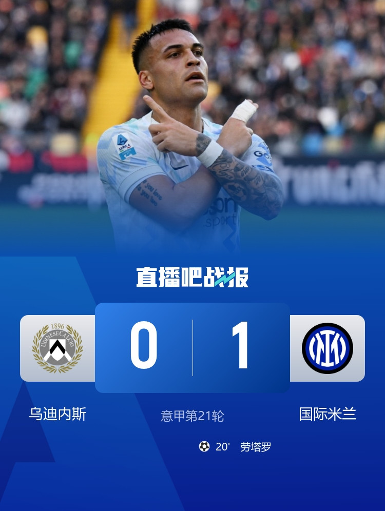 9轮8胜! 国米1-0客胜乌迪内斯先赛6分领跑 劳塔罗外脚背破门制胜