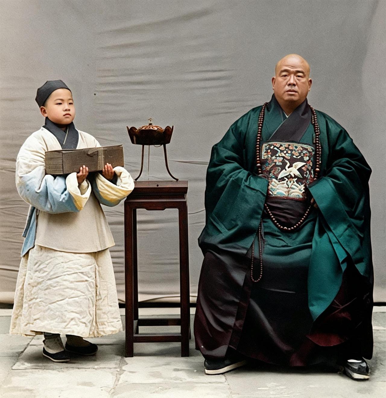 这是光绪六年，一位身板壮实的大和尚正襟危坐，身披墨绿大袍，胸前的方块补子上绣着一