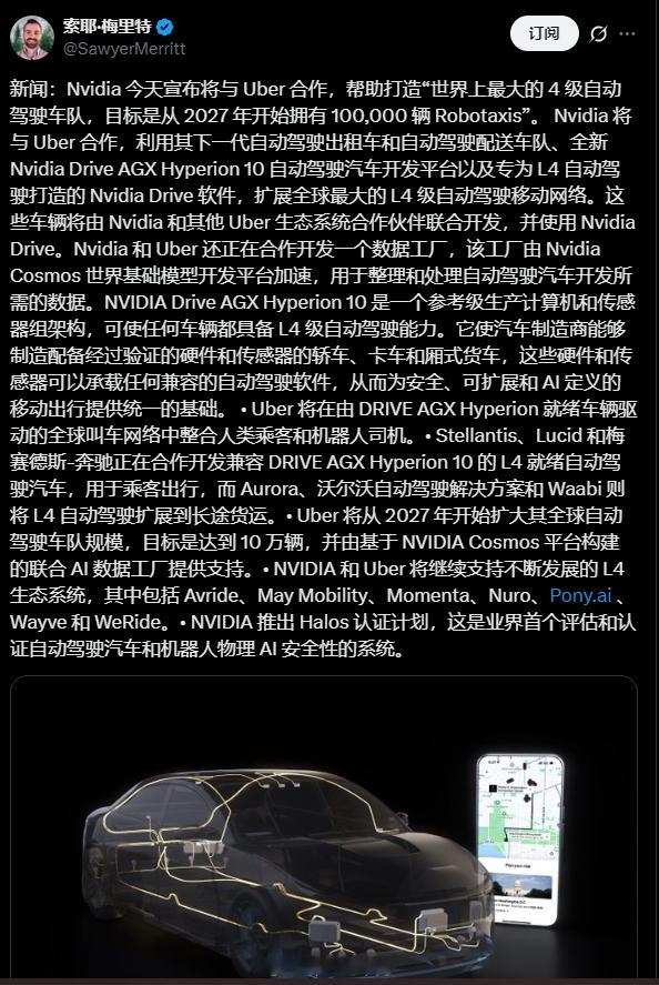 【NVIDIA联手Uber打造10万辆自动驾驶车队,马斯克淡定回应】NVIDIA