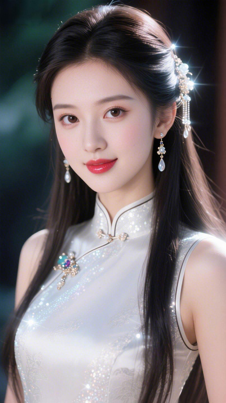 月下白旗袍晚风绕着檐角轻晃，她立在青石板旁，一袭白旗袍裹着江南的温润。绸缎