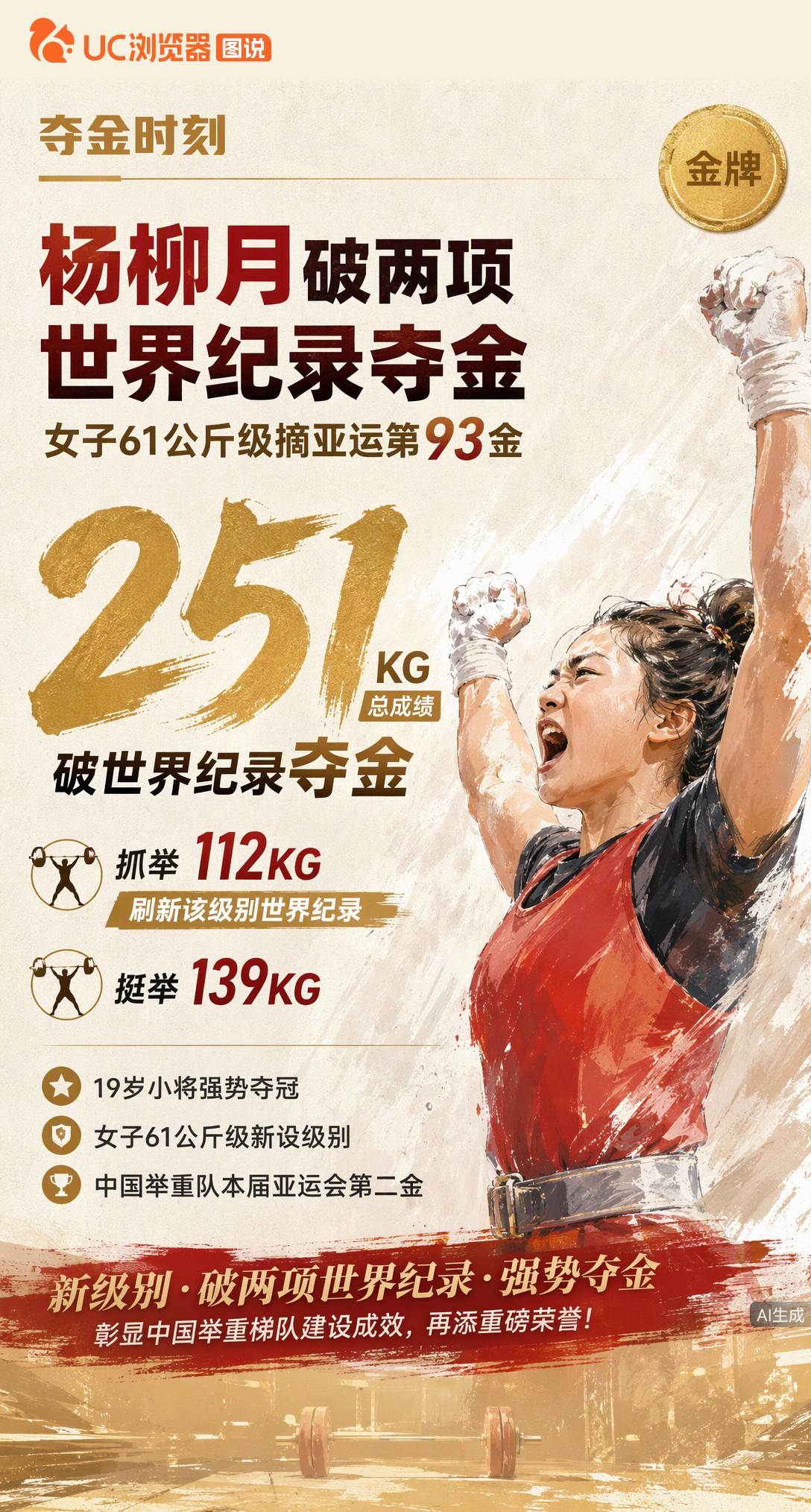 19岁杨柳月亚运夺金！抓举112公斤、总成绩251公斤连破两项世界纪录，拿下女子61公斤级金牌。这是