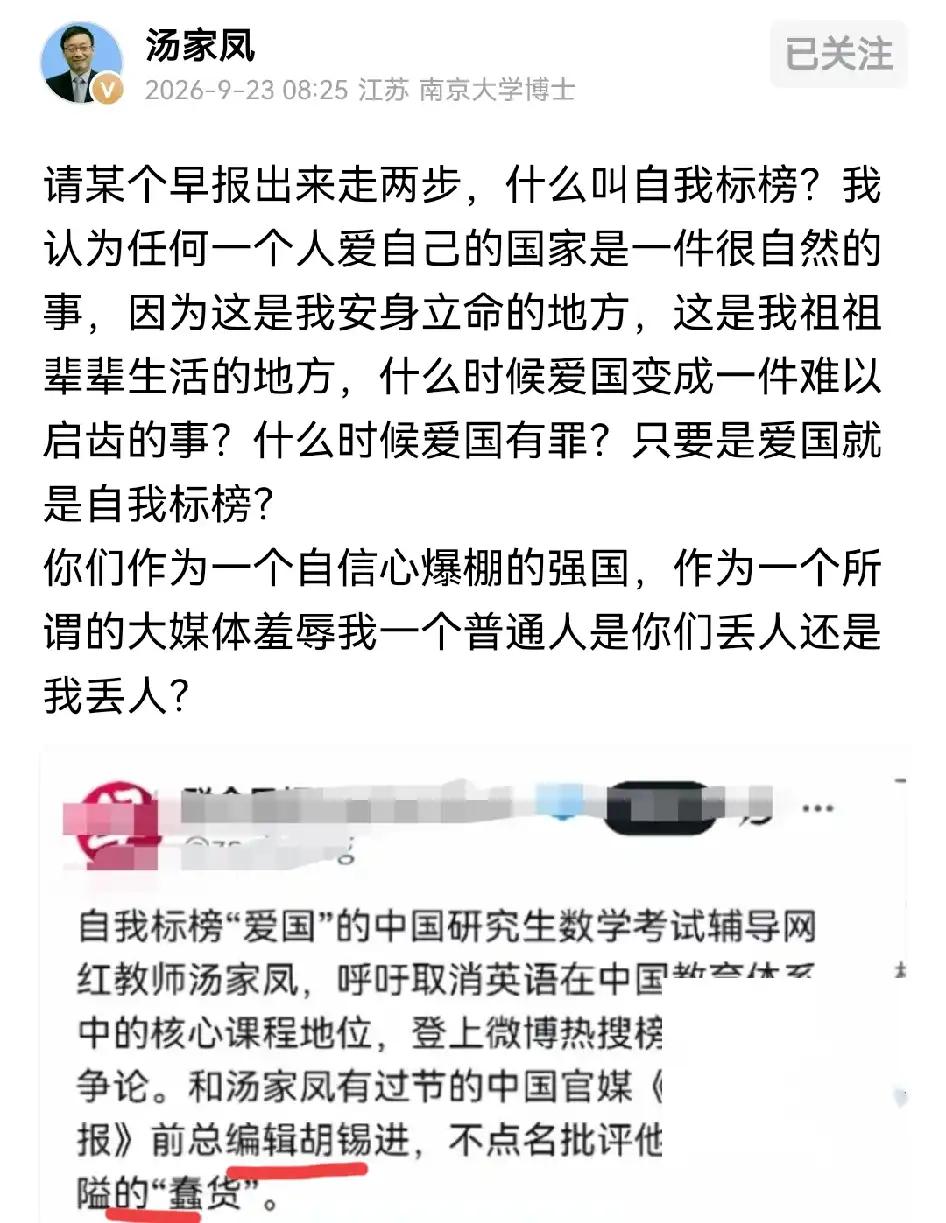 汤家凤被联合早报点名批评，说她的全民英语教育和英语必须在华文学校学好，是殖民体系