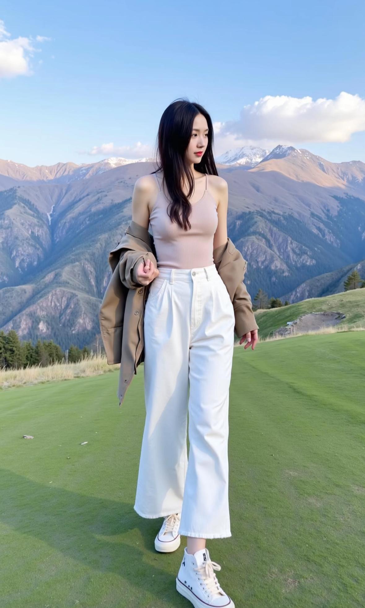 在山间草地上，穿白色裤子的女孩，背对镜头，享受自然之美。