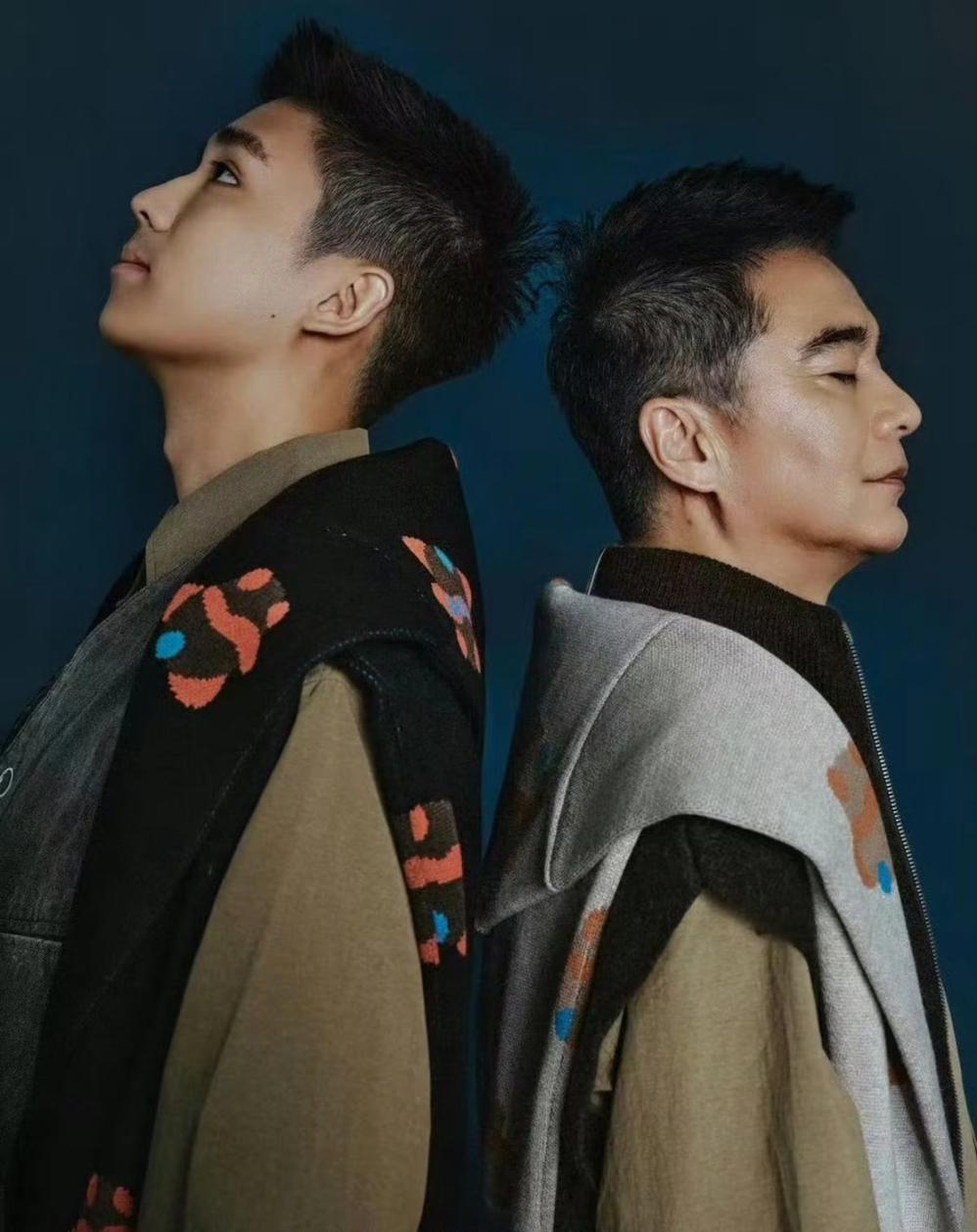 何晴的老公和儿子拍的杂志照，儿子已经从中央戏曲学院毕业，遗传妈妈的样貌帅气十足，