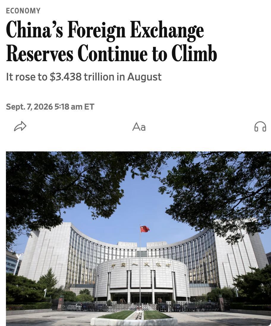 美媒：中国外汇储备在8月继续上升，主要受到美元走弱以及贸易顺差扩大的推动。中国人