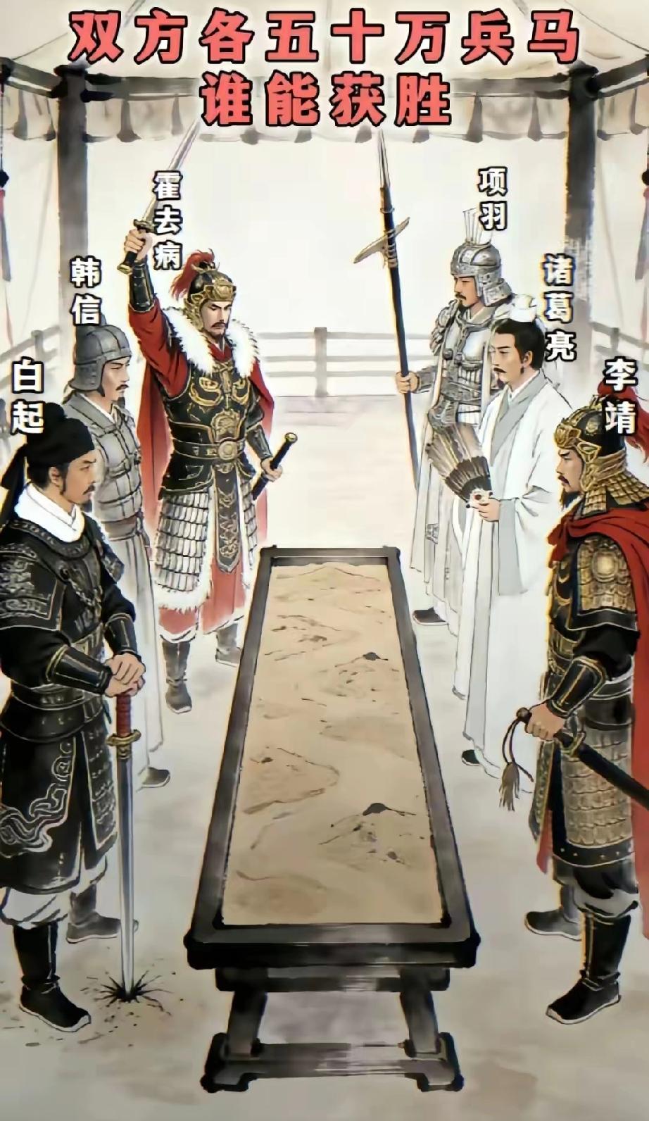 霍去病、韩信和白起一个阵营，项羽、诸葛亮与李靖一个阵营，如果双方各有五十万兵马，