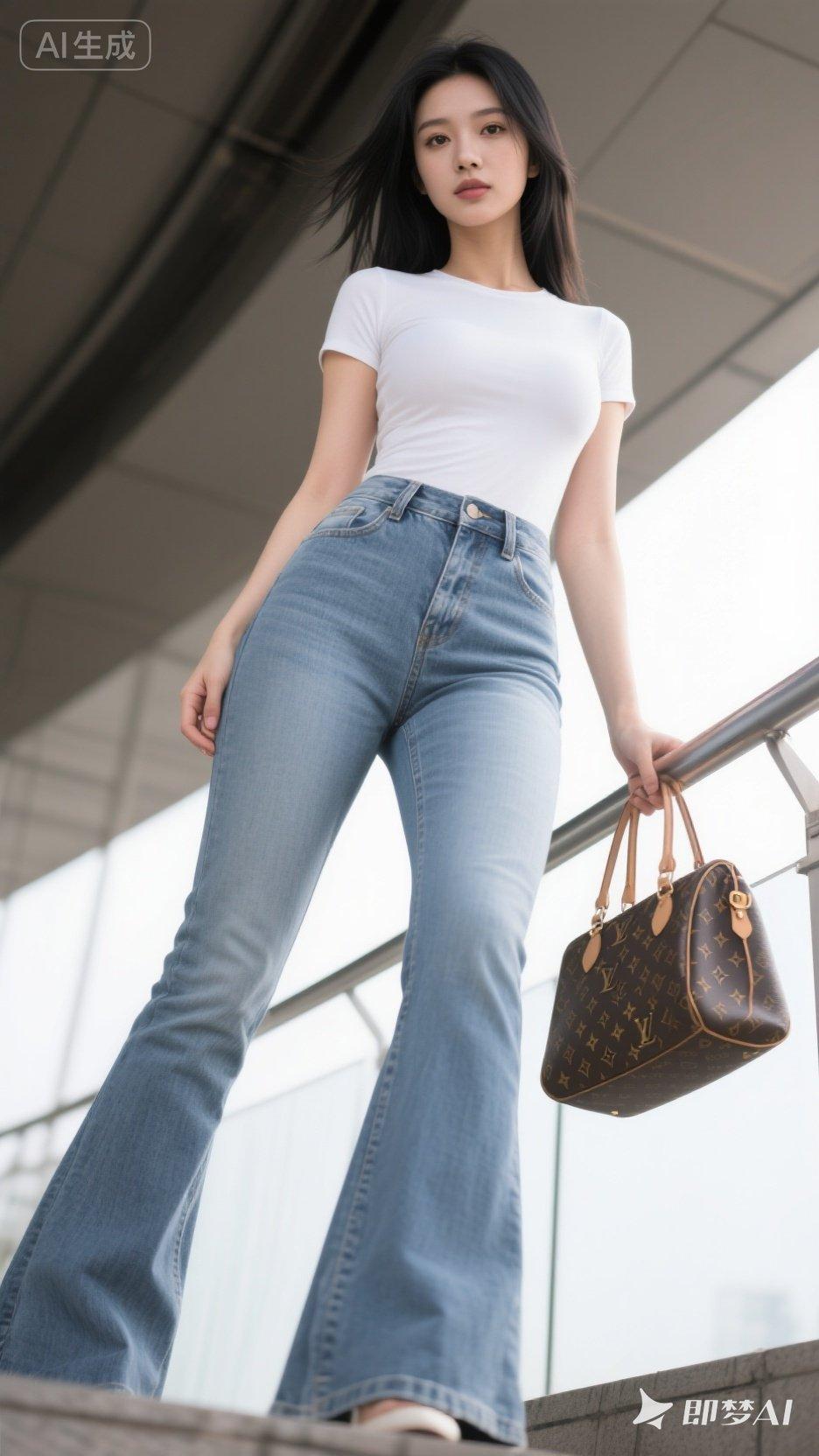 简约风穿搭，白色T恤+牛仔裤，手提LV包包，时尚又百搭！