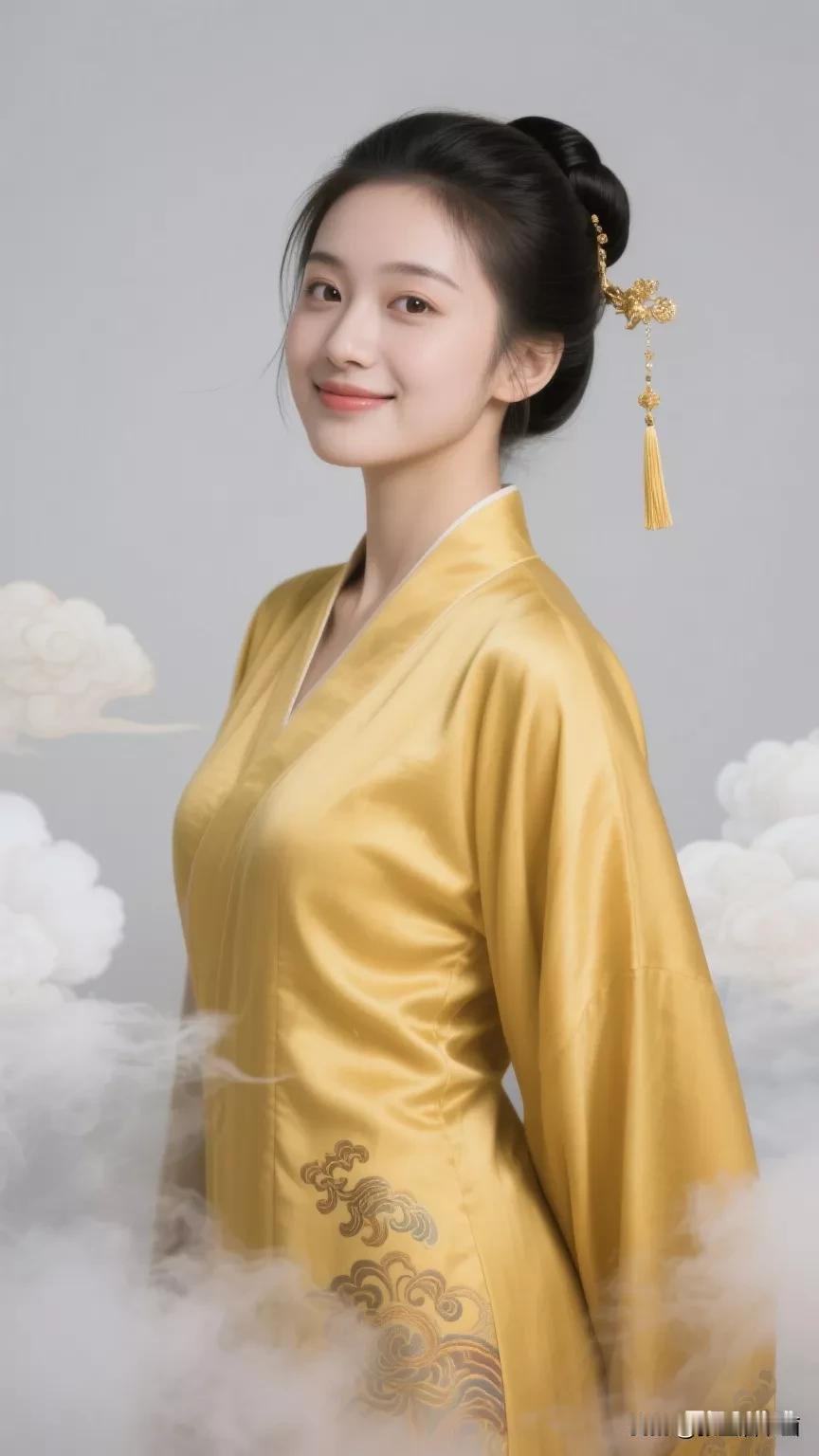 古风美人，云雾缭绕，金衣华贵，气质非凡。张立启原创书画AI作品古仕女发髻集锦首发