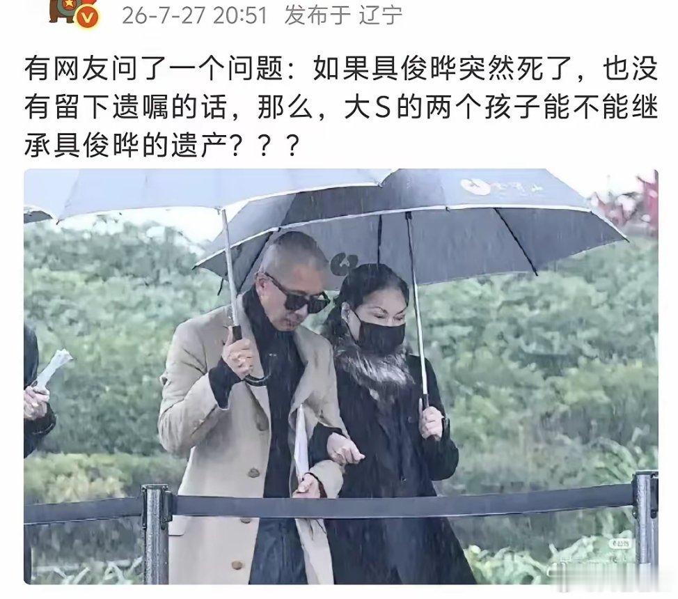 有网友问了一个问题：如果具俊晔突然死了，也没有留下遗嘱的话，那么，大S的两个孩子
