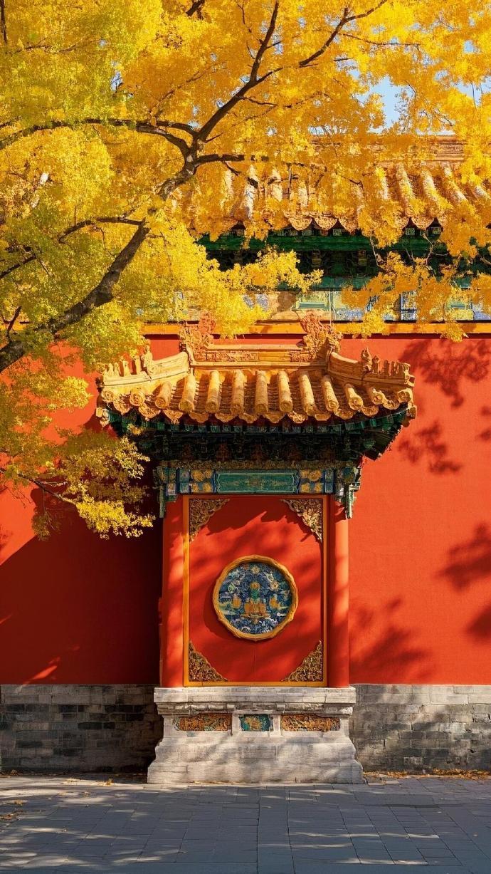9月3日的北京故宫，简直美成了一幅画。金黄的银杏与红墙黄瓦交相辉映，那画面，直接