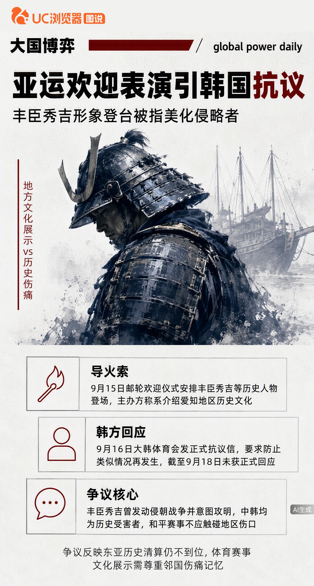 亚运会欢迎仪式请出丰臣秀吉，韩国抗议后日方解释只是地方文化展示。可这位侵略者曾把朝鲜当跳板攻明，中韩