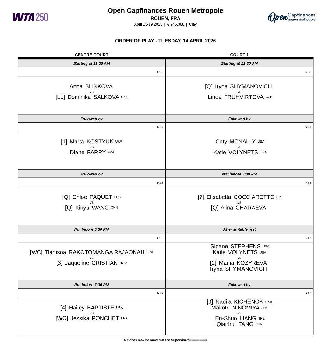 今日赛程📅📍WTA500斯图加特站穆霍娃、亚历山德洛娃、巴多萨、施耐德亮相，