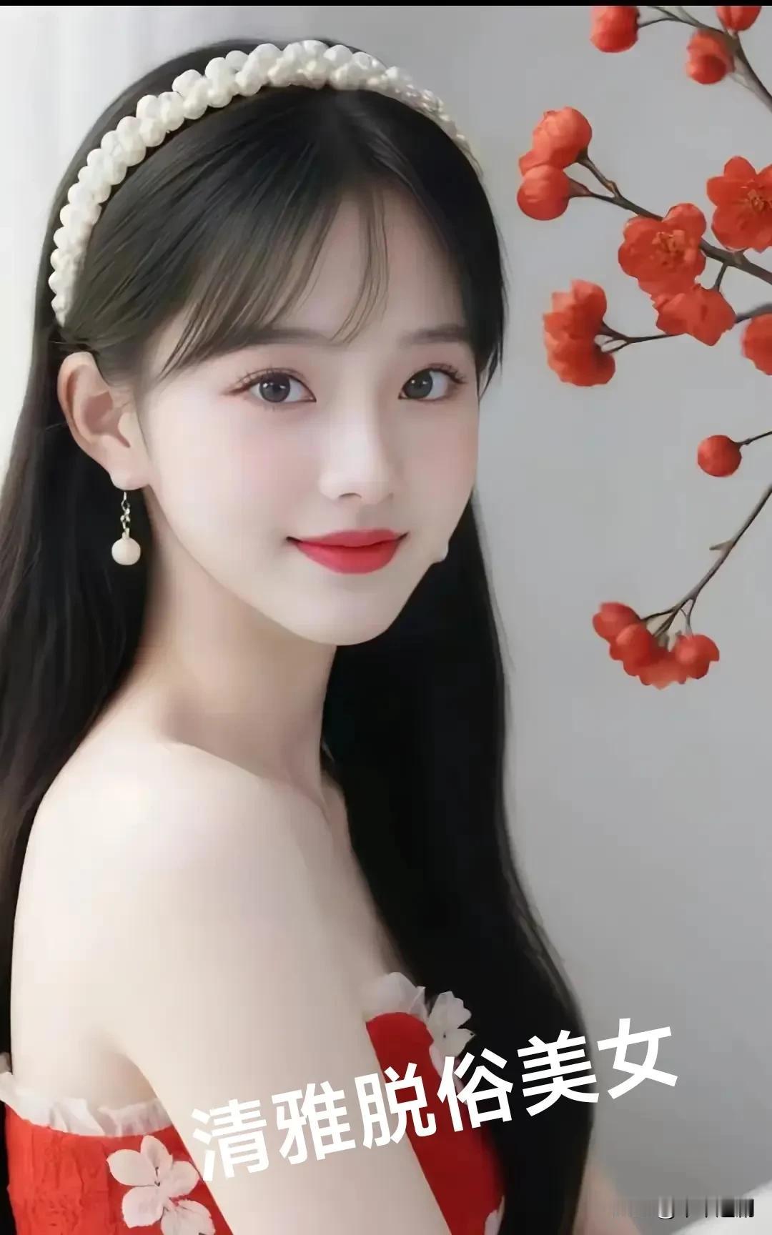 她似从画中走来，珍珠发箍点缀乌黑长发，红裙衬得肌肤胜雪，耳畔珍珠耳饰轻晃。身旁红
