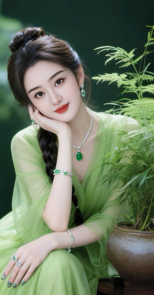 绿衣美人倚翠竹，玉佩轻摇步履轻。