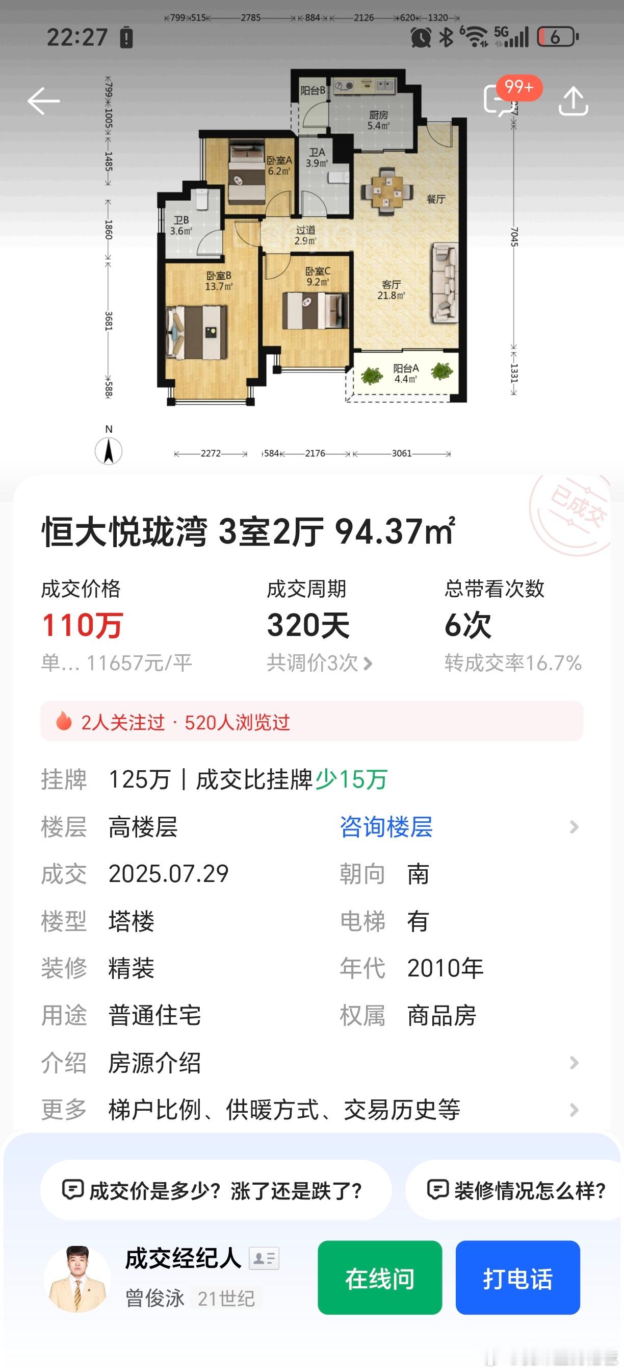 中山马鞍岛次新房，恒大悦珑湾，原购价230万，现在成交价110万，跌了一半多了。
