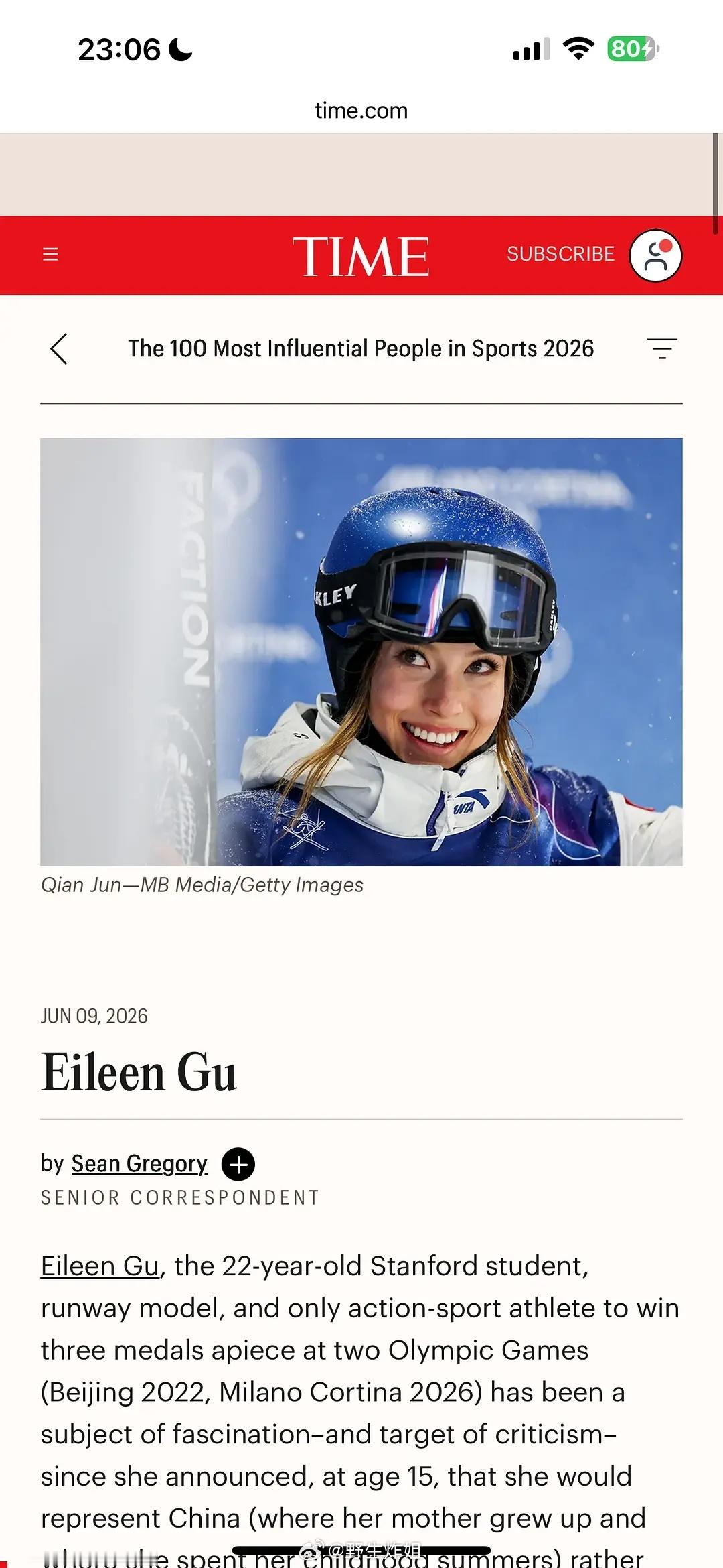 谷爱凌，孙颖莎入选《时代》杂志2026最具影响力运动员中国仅两位女运动员上榜——