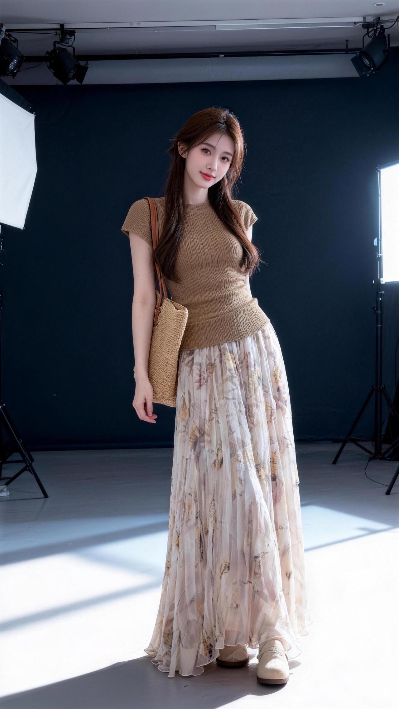 女人味穿搭你爱不爱礼服裙法式浪漫假日小碎花半身裙香槟色无袖上衣百褶网纱双层