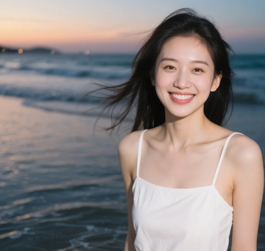 她站在海边回眸一笑，仿佛整个夏天都明亮了