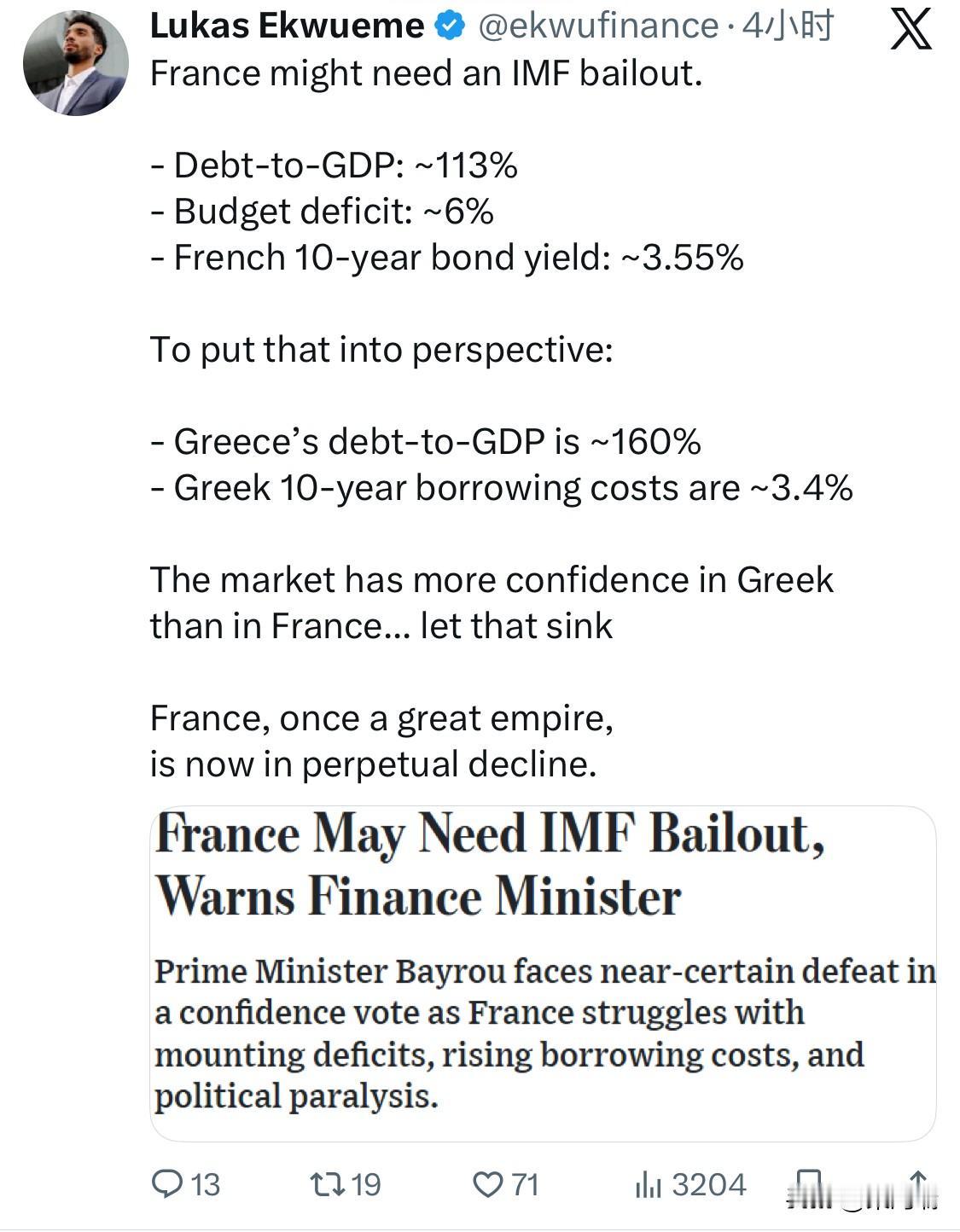 法国可能需要国际货币基金组织的救助。-债务占GDP比重：约113%-预