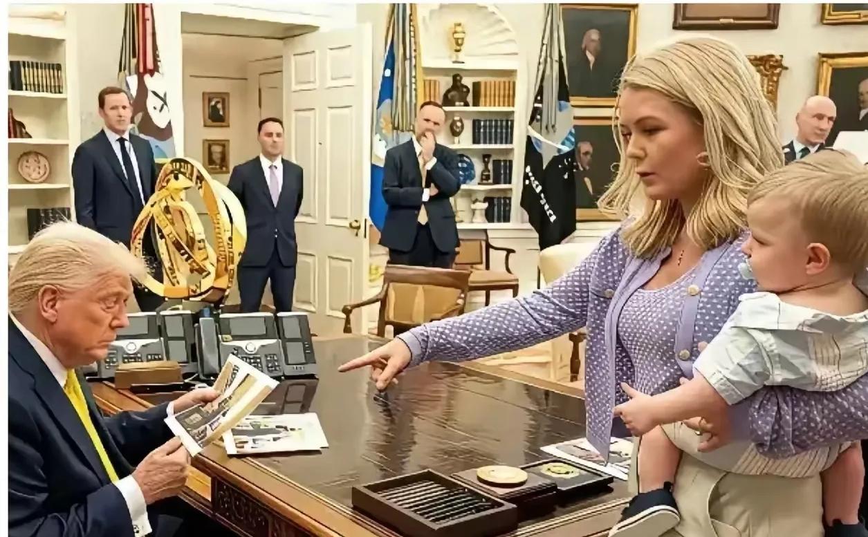 白宫的这个氛围真是和谐呀，美女发言人竟然抱着娃给总统递材料，还用手指着，这不得不