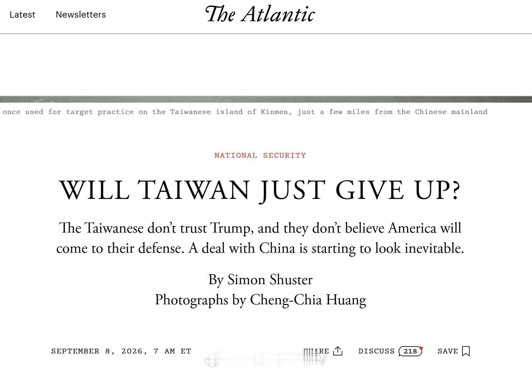 美媒《大西洋月刊》昨天发文《台湾会就此放弃吗？》。里面访问台湾政客并讨论台湾防卫