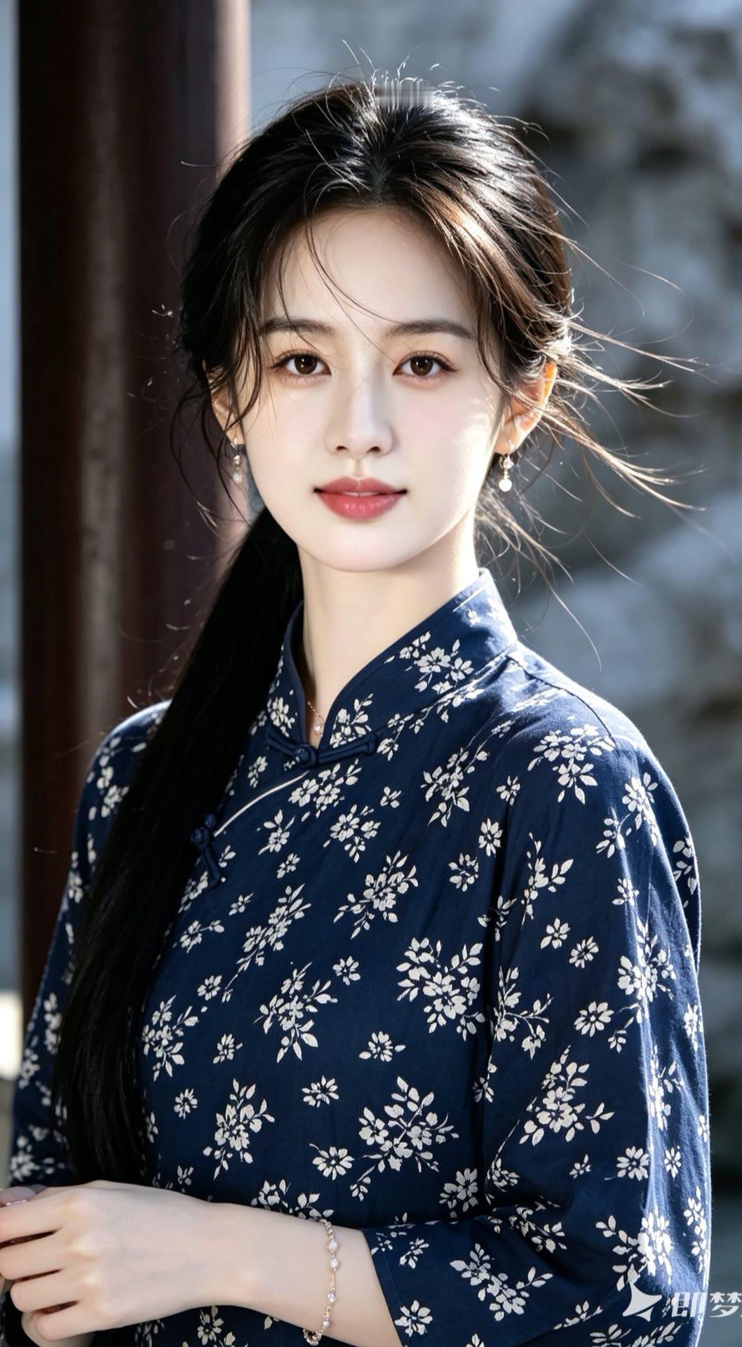 温婉古典，一袭蓝花旗袍，尽显东方韵味。