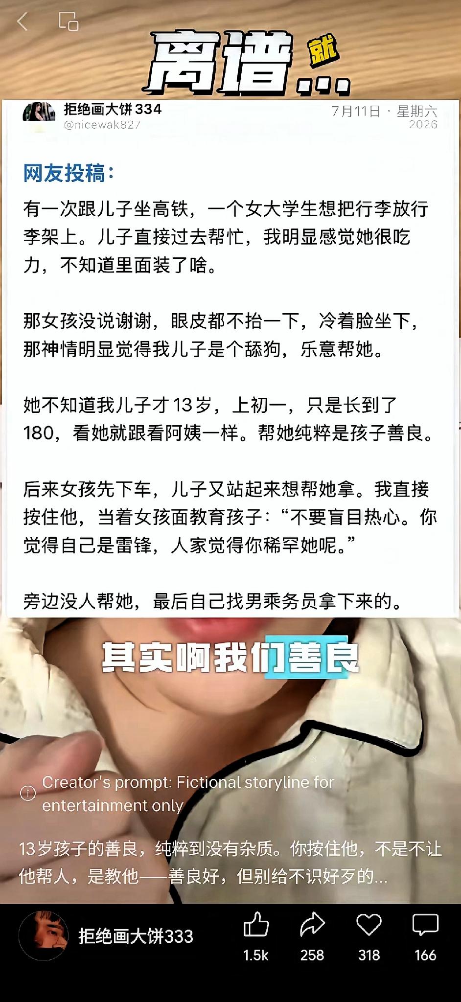 13岁男孩身高180，高铁上帮女大学生放行李，对方冷漠不道谢。女孩下车时男孩想再