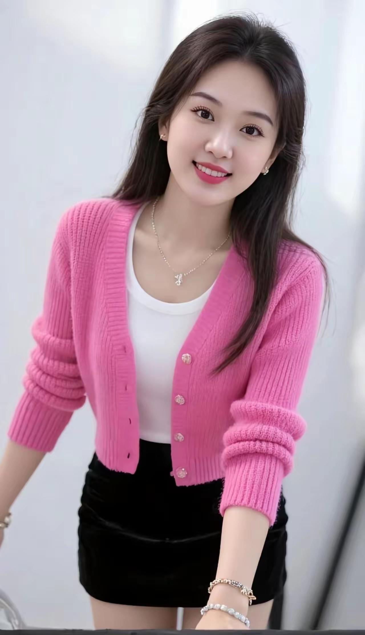 粉嫩毛衣搭配黑色短裙，甜美少女心爆棚！