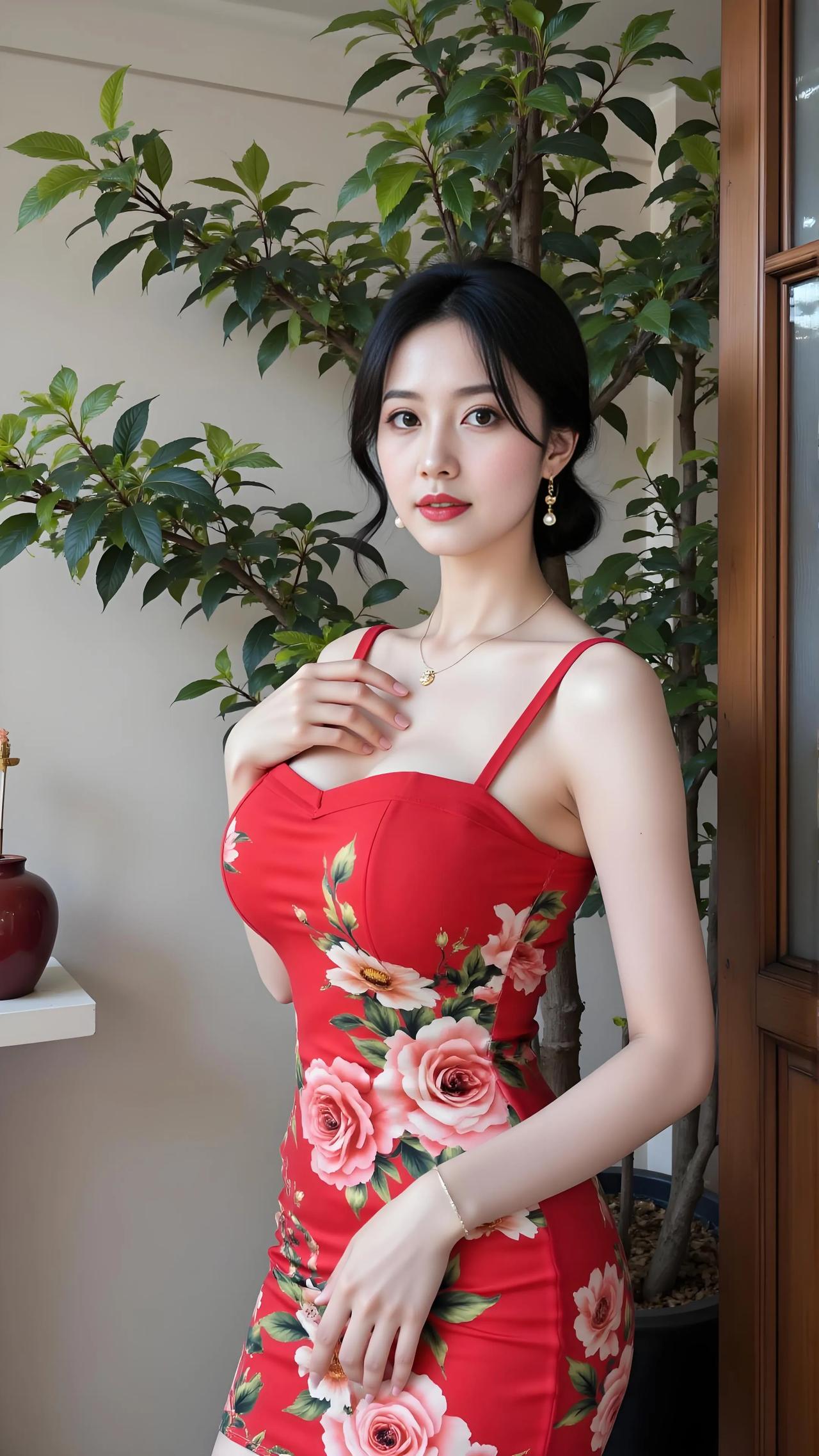 一袭红底繁花旗袍，吊带勾勒柔美肩线，花影在曼妙身姿上层叠绽放。高清美女