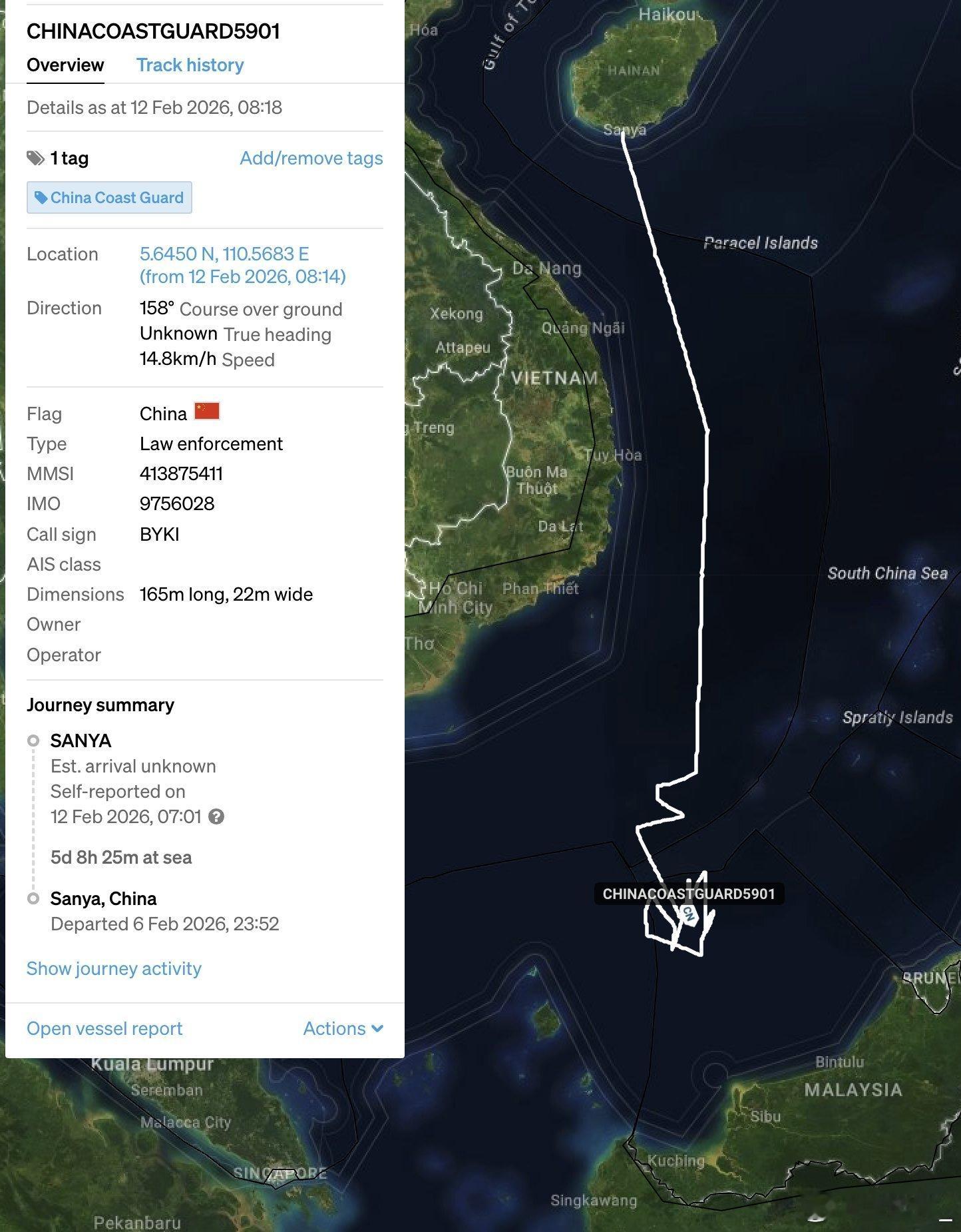 中国海警5901舰本月7日再次出航，今天抵达南海西南海域开始巡航。南海态势