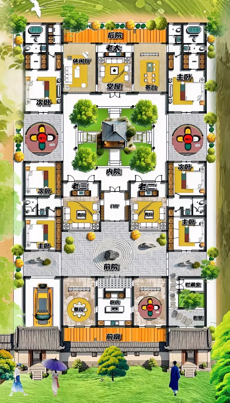 1836㎡假二进院，硬是走出真四进院的气场，一条洄游动线串联4重院落，颠覆想象！