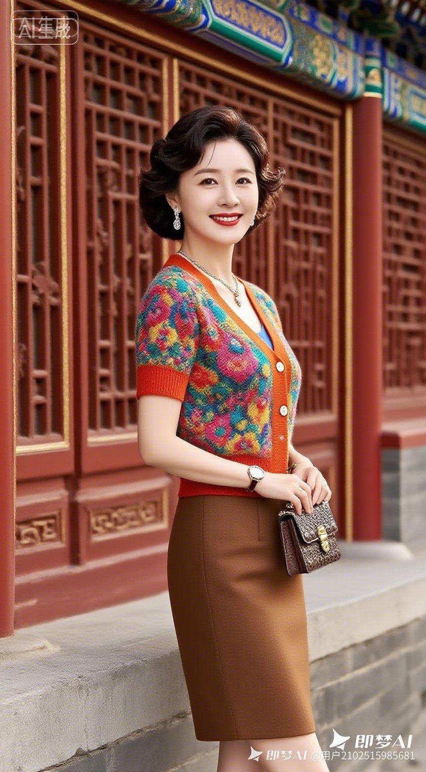 优雅复古风，红墙绿瓦前，时尚穿搭显气质！