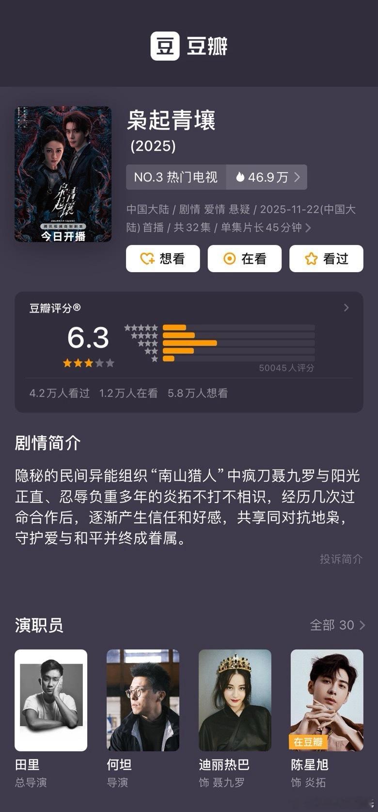 迪丽热巴、陈星旭枭起青壤豆瓣开分6.3评分人数5万，高了低了？三⭐️占比绝对优势