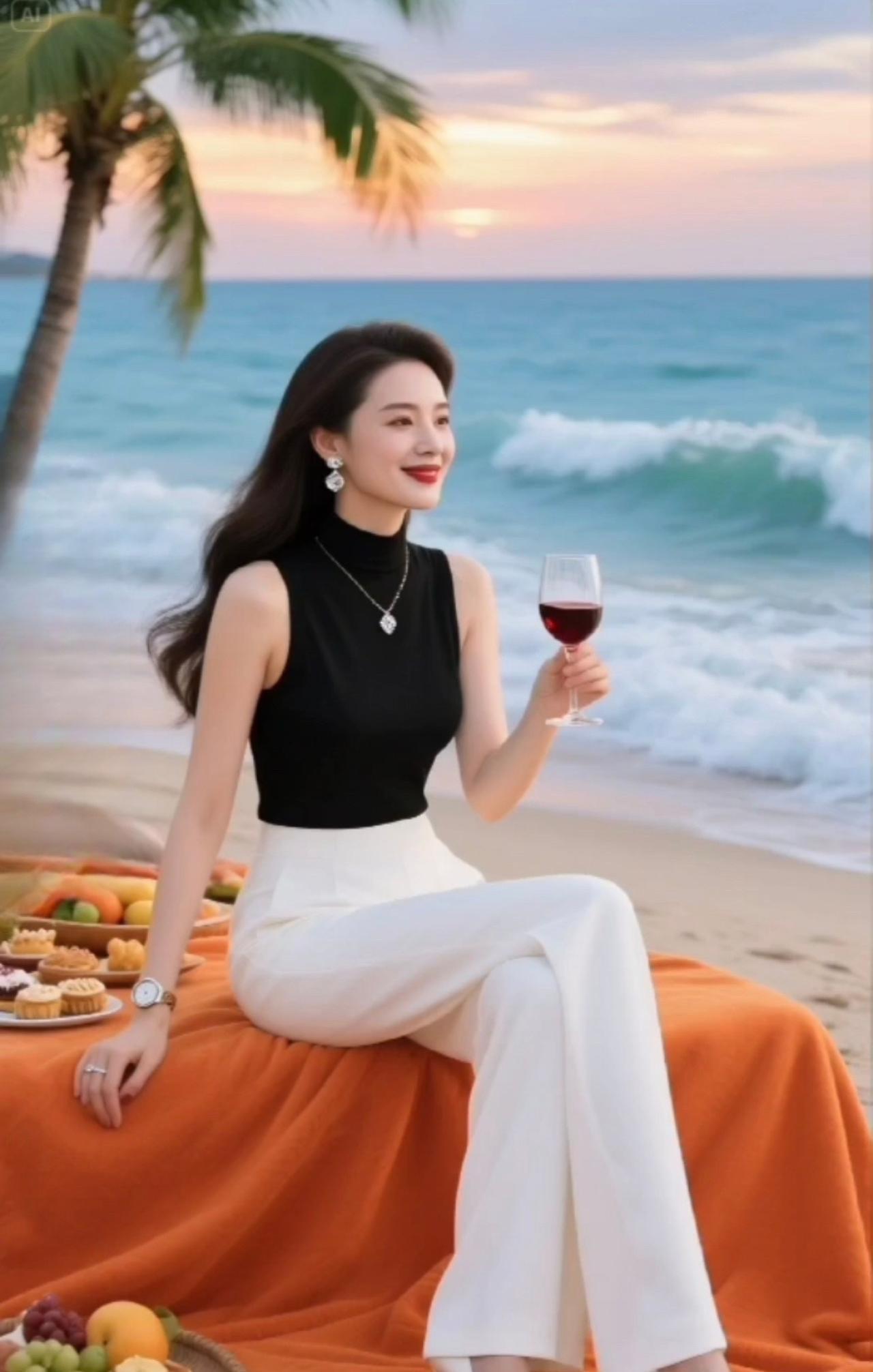 浪漫的海滨落日吻着海面，把橙红颜料泼向天际。她坐在沙滩，白裤与黑衫勾勒出优雅，
