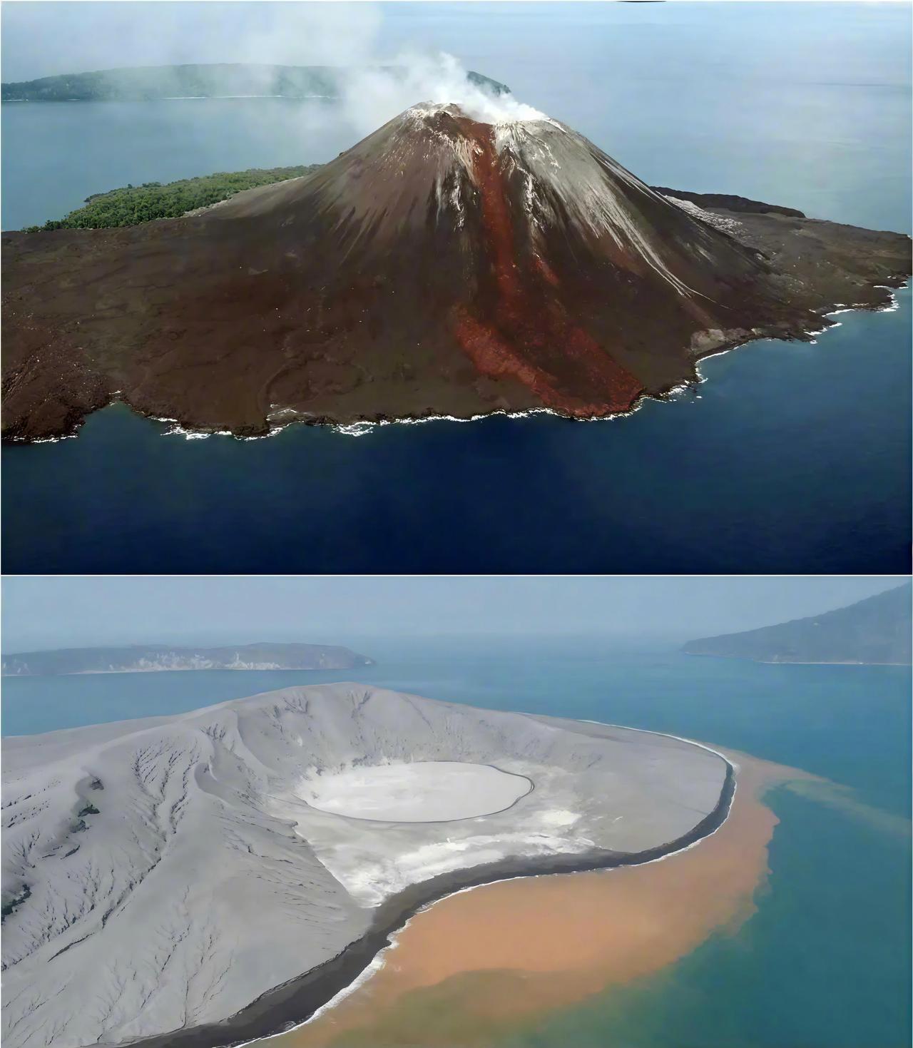 2018年，位于印度尼西亚苏门答腊岛与爪哇岛之间的喀拉喀托火山爆发前后的对比照片