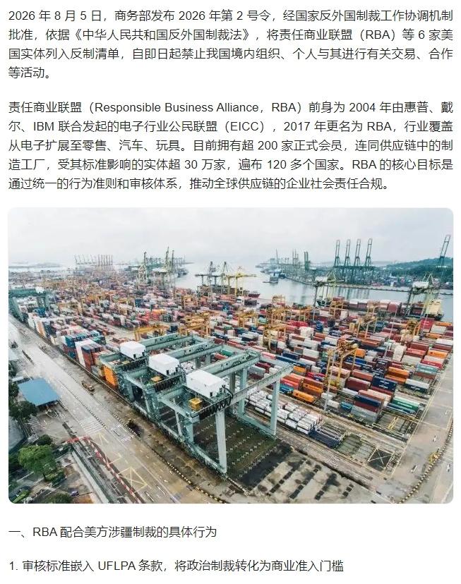 最近中国出了一个很大的反制招数：制裁RBA，不接受所谓的西方供应链审查了。事情大