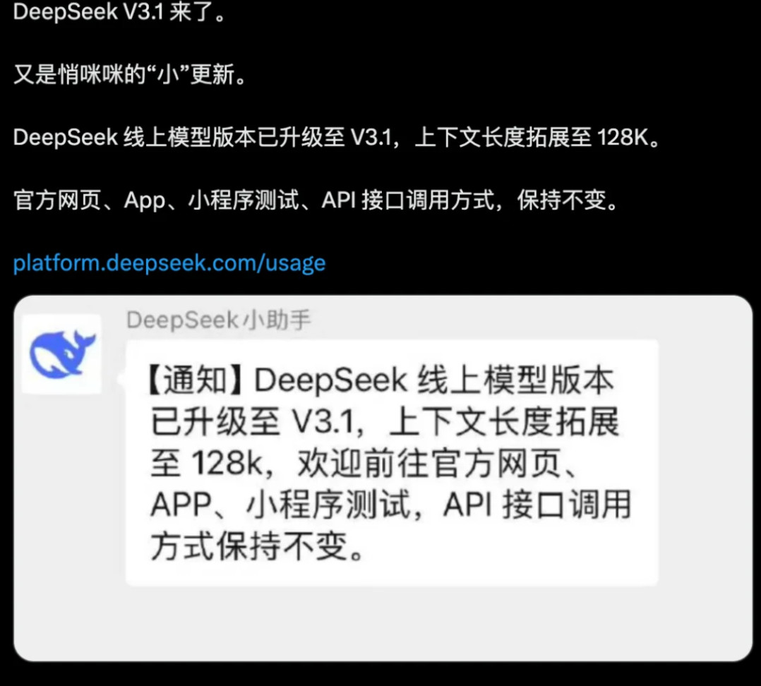 【DeepSeekV3.1发布】DeepSeek全面升级至V3.1：上下