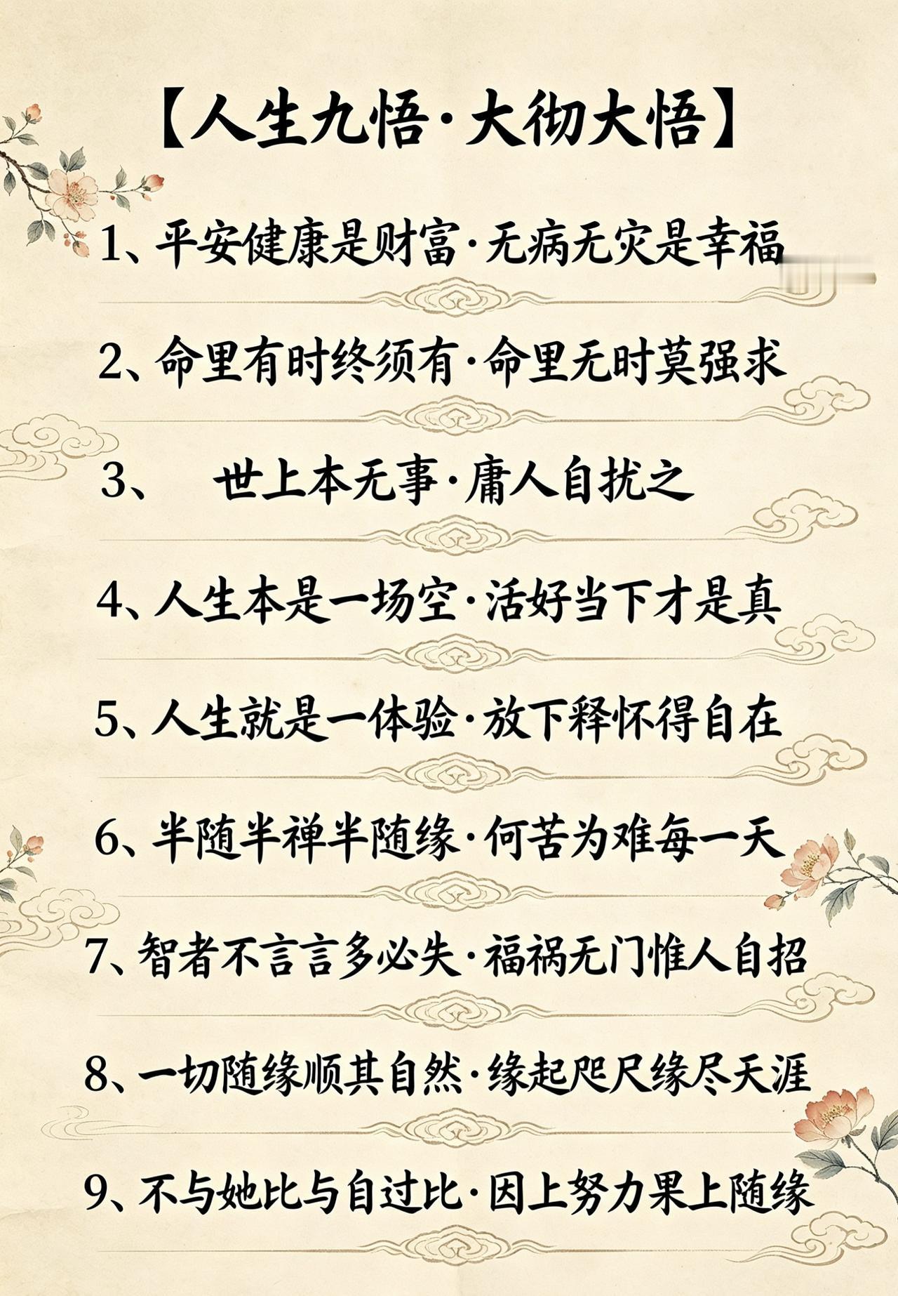 【人生九悟·大彻大悟】1、平安健康是财富·无病无灾是幸福2、命里有时终须有