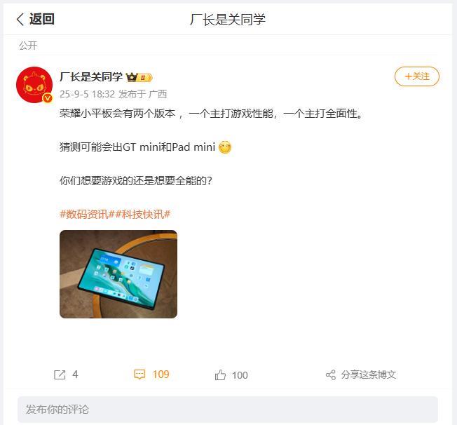 关于荣耀小平板有消息了！刚刚看到数码圈内大佬分享，荣耀将会发布两款小平板：一款定