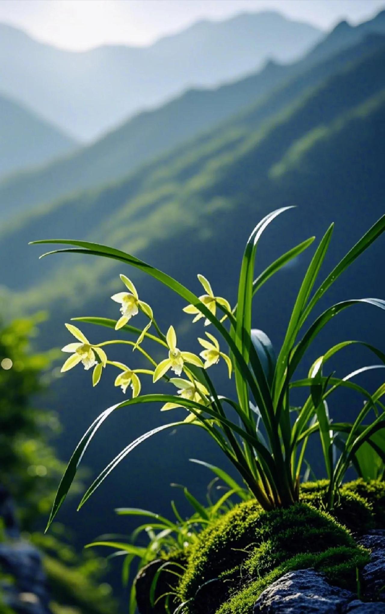 山间小景，绿意盎然，点缀着几朵娇嫩的小花，静谧而美好。