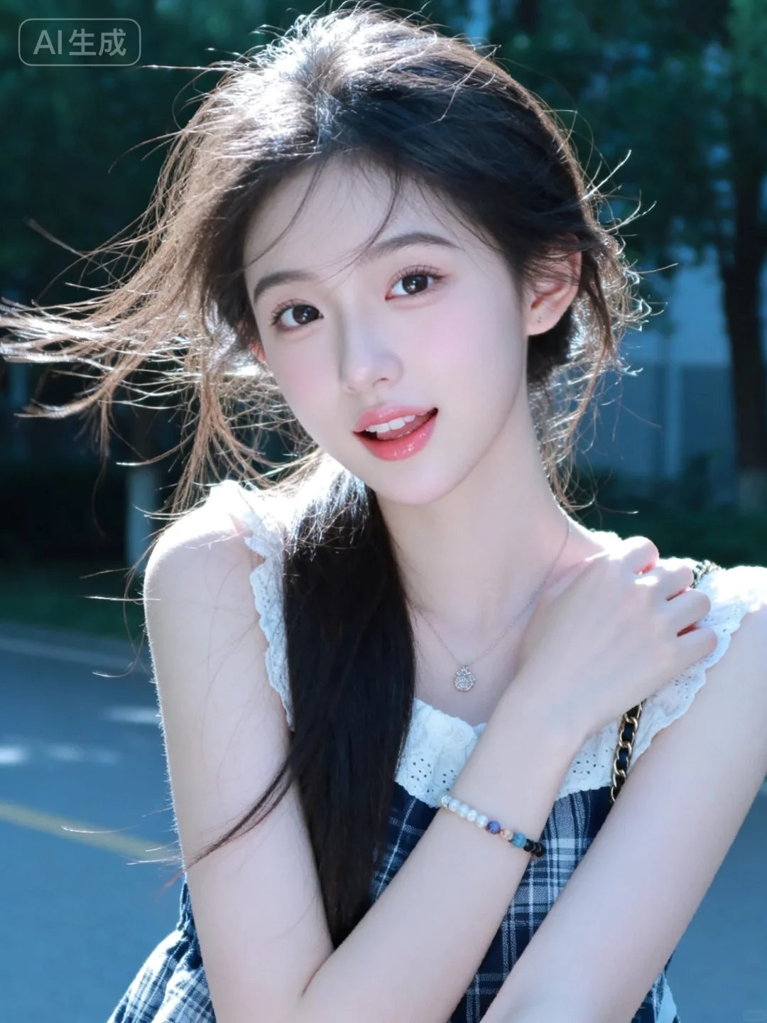 18岁女大学生在室外，尖下巴，三庭五眼比例均衡，身材娇小，娇羞可爱的随...