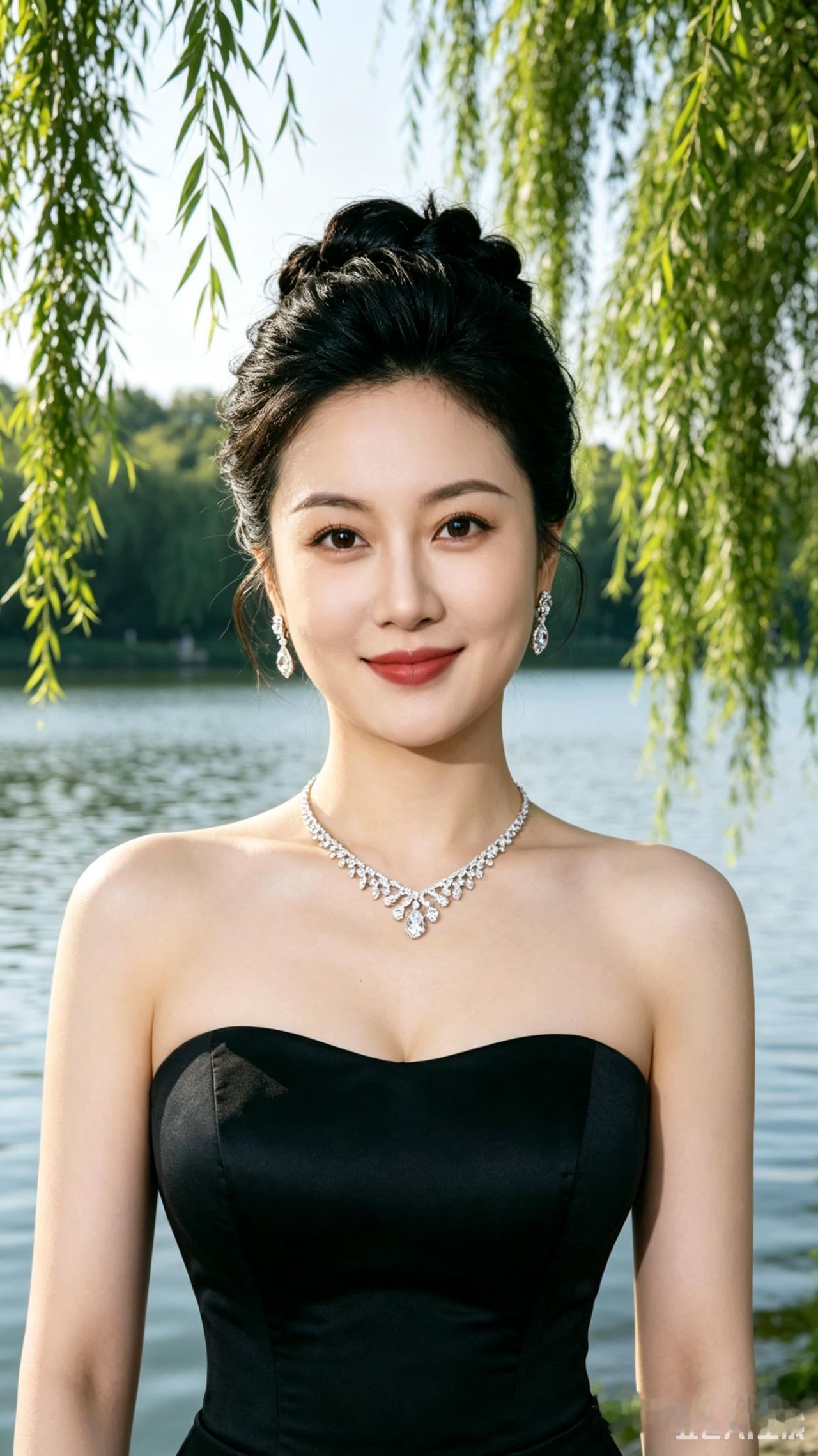 湖畔黑裙佳人云鬓高盘气质幽，钻石配饰映温柔。一袭玄裙身态俏，浅笑微藏眼眸柔。